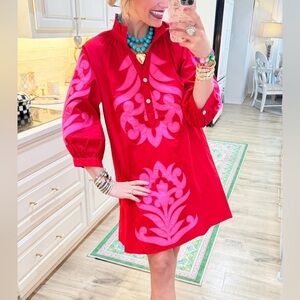 Elegant Red and Pink Long Sleeve Dress